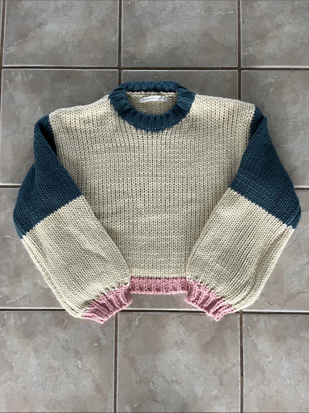 Altar'd State Cream, Teal & Pink Colorblock Chunky Knit Sweater